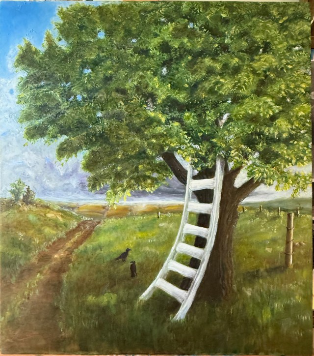 Warped ladder reaching into a tree with a brewing storm in the distance.