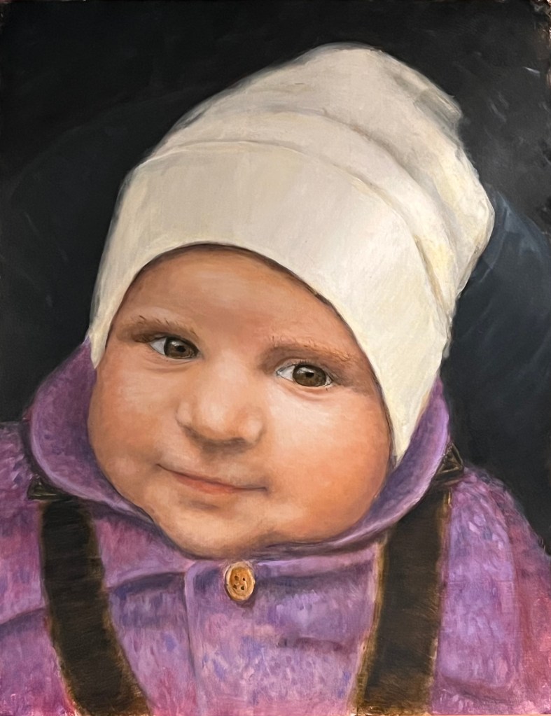Baby in a White Hat, 2024. Oil on Board