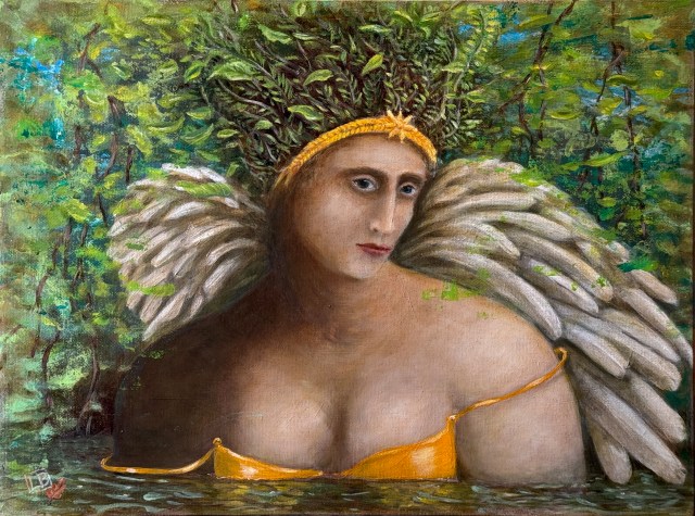A sensusous woman in a yellow bikini top emerging from the water in a forest of greenery