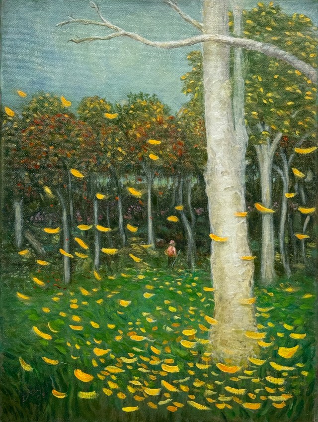 Quirky oil painting image of a forest with looming Beech trees and a field. Yellow leaves falling all around. Deep in the painting you can notice a man in red with a sack on his shoulder, presumably a mushroom collector.